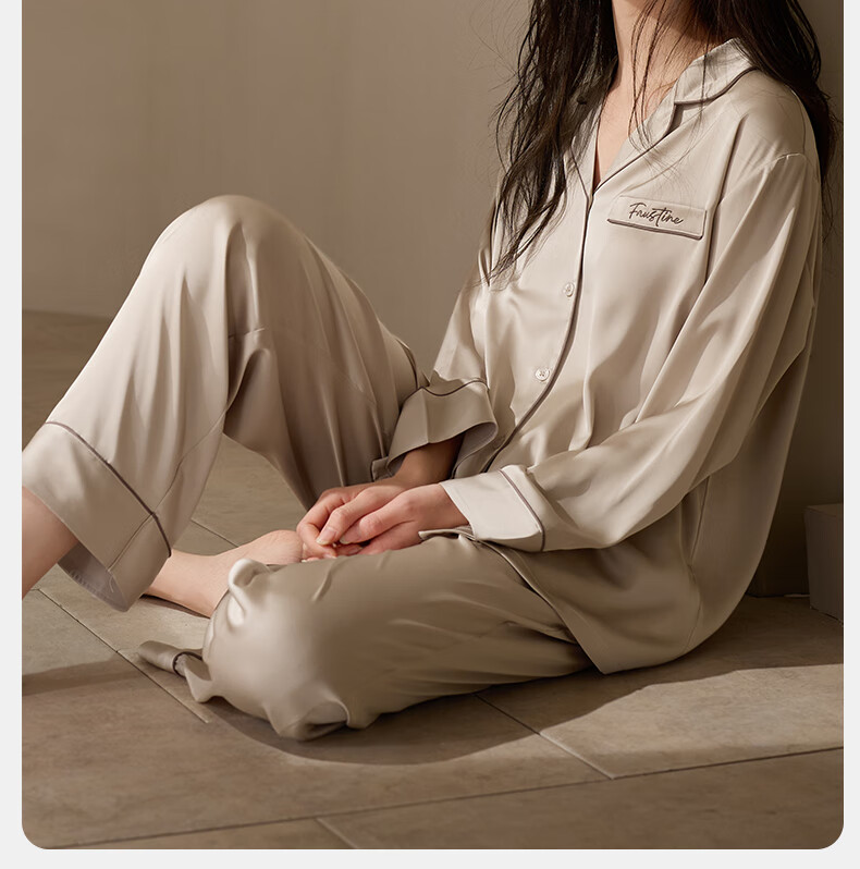 XULEN Ice Silk Pajamas for Women, Spring And Autumn Thin Long-Sleeve Plus Size Loungewear Set, 63795 Champagne Pink, 2XL(175) 9
