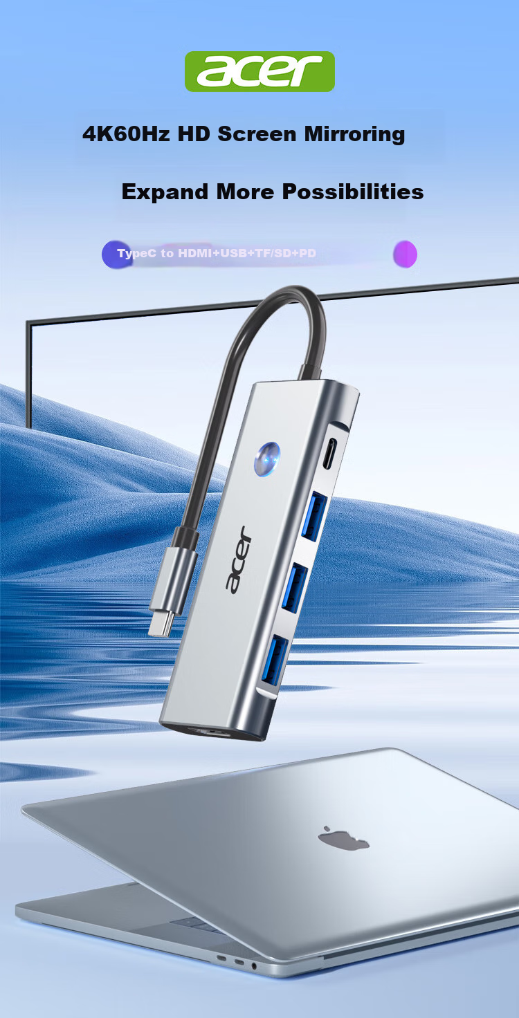 Acer Type-C 7-In Expansion Dock USB3.0 Hub HDMI 60Hz Compatible with MacBook, Huawei Laptops And Tablets Converter with Card Reader Adapter 1