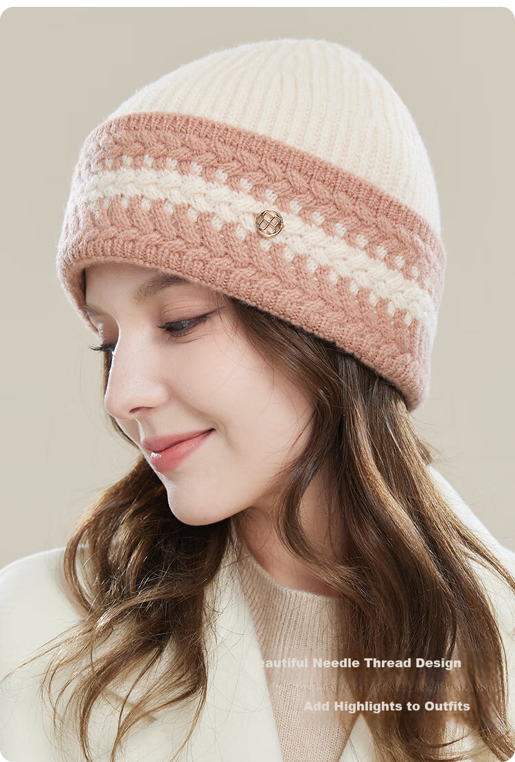 JIUMU Pure Wool Warm Knit Hat, Autumn And Winter Knitted Cap, Cold Hat, Winter Hat, Outdoor Ear Protection Cold-Resistant Cap for Women in Winter 4