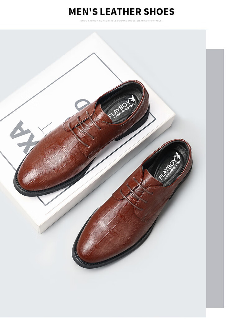 PLAYBOY Men's Shoes, Spring Soft Leather Business Commute Derby Shoes, Trendy British Style Formal Dress Pointed Casual Leather Shoes for Me 4