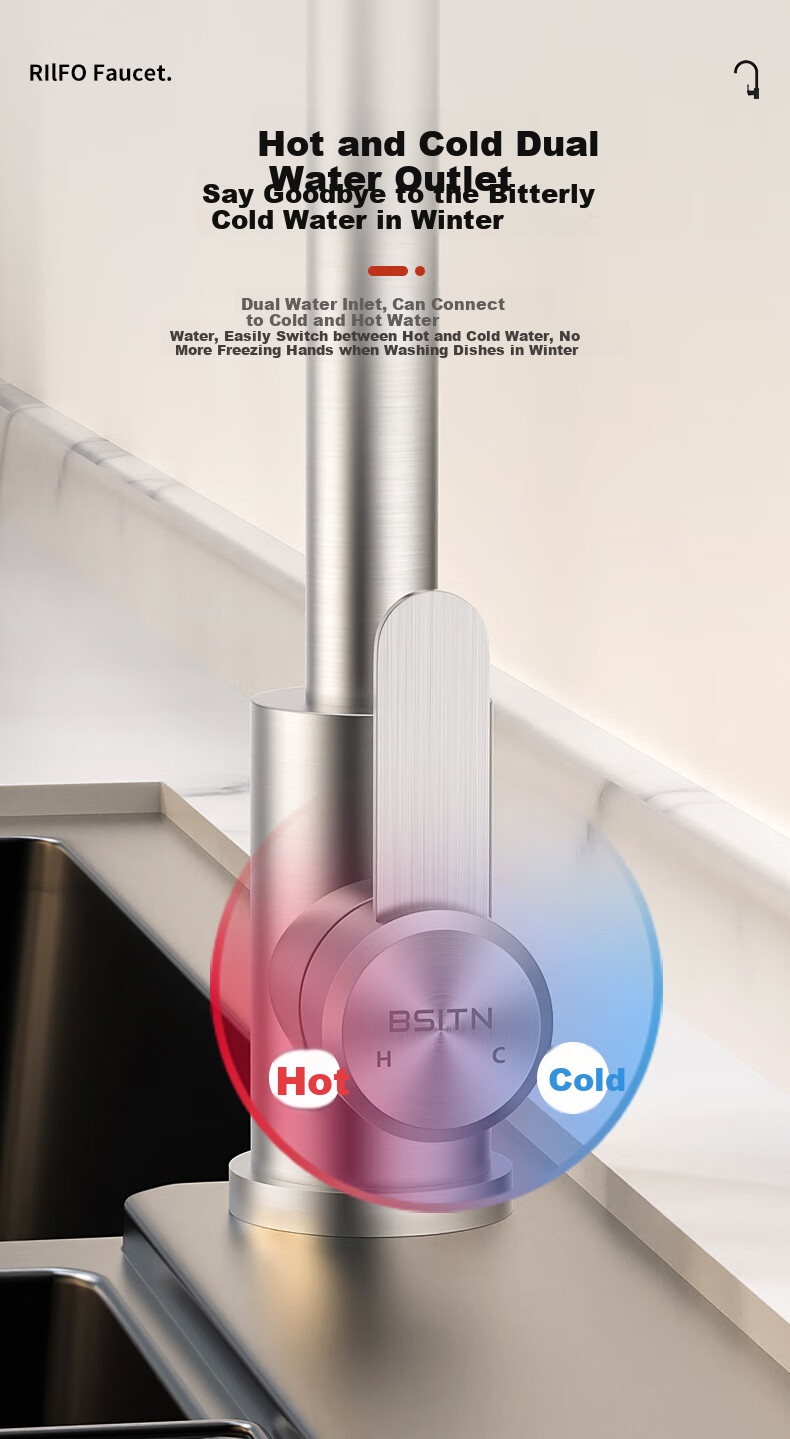 BSITN Wall-Mounted Faucet, Kitchen 304 Stainless Steel Body, Single Cold Quick-Open, 360° Rotating Sink Faucet B6035 7
