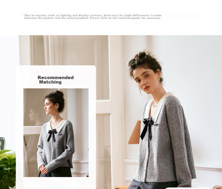 Olrain Eurielle Lapel Bow Sweater Women's Autumn Pullover Top Gray (Second Batch) XL 19