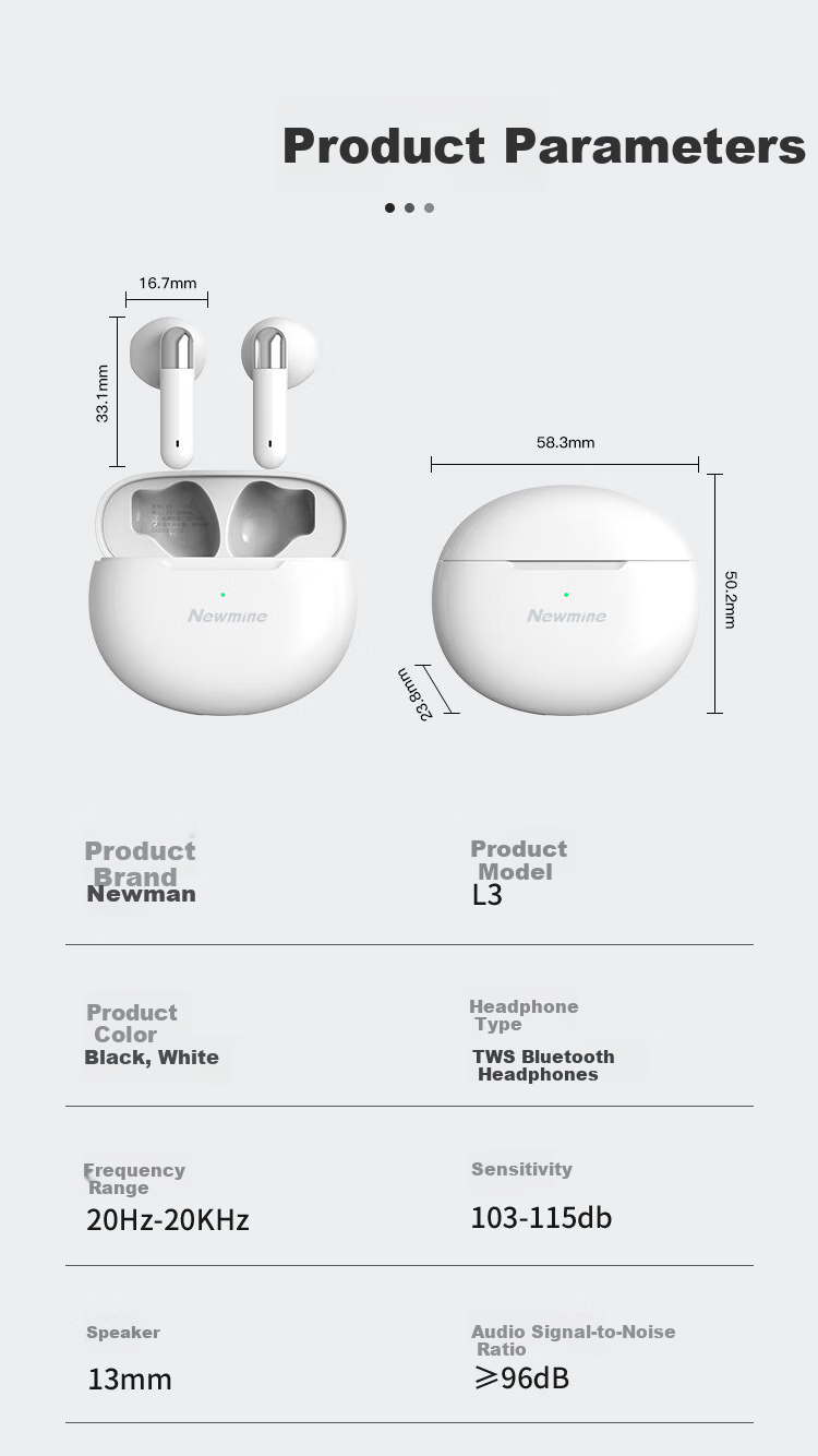 Newmine L3 True Wireless Bluetooth Earbuds, Semi-In Design, Long Battery Life, for Sports And Running, Compatible with Apple, Huawei, Xiaomi Phones, White Color, Wireless Earphones 12