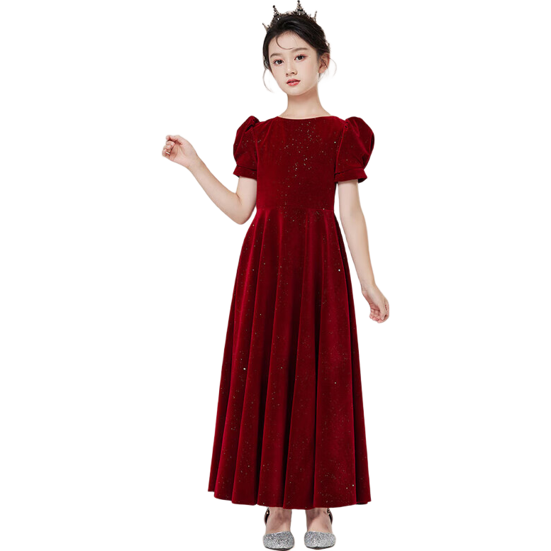 Yinuofang Children's Formal Long Dress, Wine Red Color, Children's Day Performance Costume, Princess Dress, Wine Red Puff Sleeves, Size 150