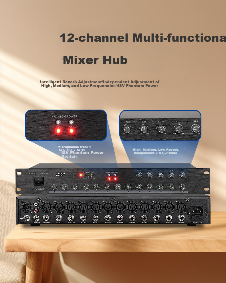 Shuledi AV-2306 Domestic Wired Microphone Mixer, Conference Microphone Expander, 48V Power Supply, Professional Audio Equipment (12 Channels) 20