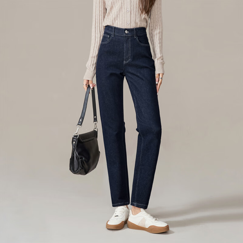 ESE-Y Spring 2025 New Slim-Fit Straight-Leg Pants Dark Blue Jeans for Women, Deep Blue, Size 28
