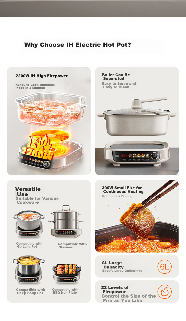 SUPOR IH Electric Hot Pot, Zero Fluorine Titanium Ceramic 6L Household Multifunctional Electric Cooker, 2200W Intense Heat, All-In Hot Pot for Stir-Frying And Cooking, Detachable Design C22-IC800 4