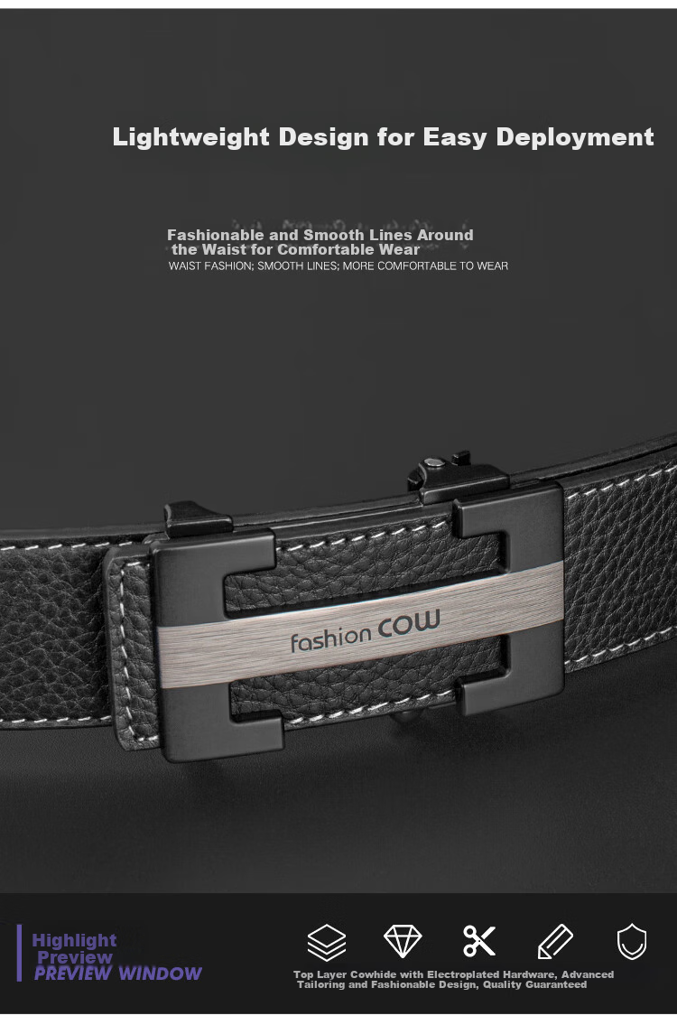 COW Men's Automatic Buckle Genuine Leather Casual Top-Grain Cowhide Belt, Gift Box for Boyfriend Or Father, 998 Black 2