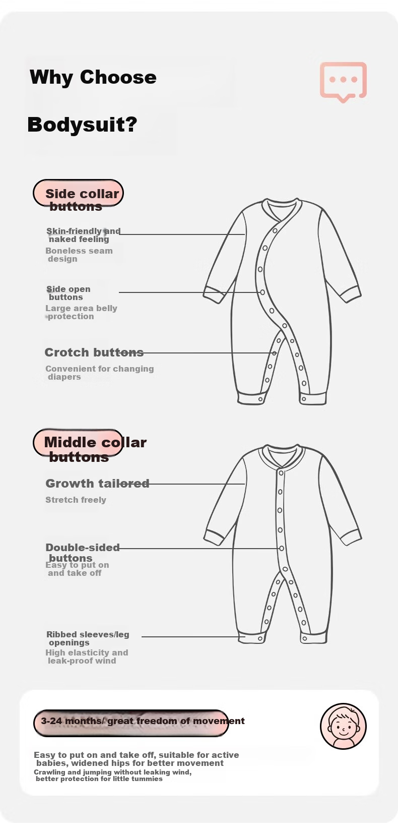 AIBEDILA Newborn Baby Romper Spring And Autumn Style, Pure Cotton Onesie, Unisex Baby Mid-Open Crawling Suit, Early Autumn Bodysuit, Size 66 2