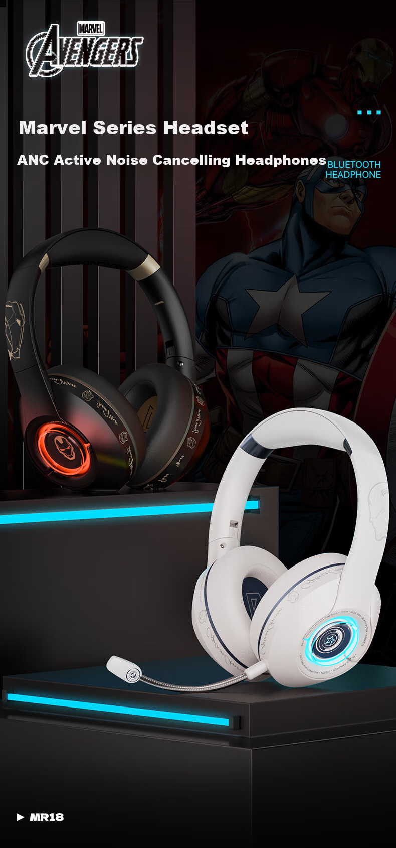Disney Marvel Officially Licensed Wireless Bluetooth Headphones, Over-Ear ANC Active Noise Cancellation Gaming Headset with Long Battery Life, Cool Light Effects MR18 White Captain America 1