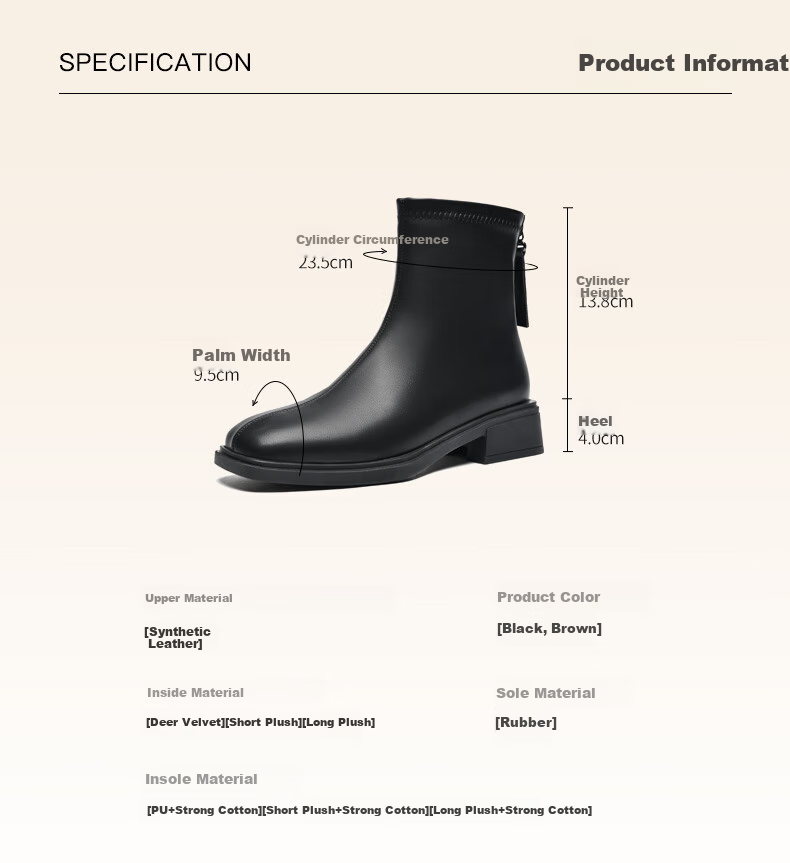 ZHR Women's Short Boots, Autumn And Winter Fleece-Lined, Warm Slim Boots, Fashionable Elegant Back-Zip Women's Boots, BL210A, Black, Size 35 4
