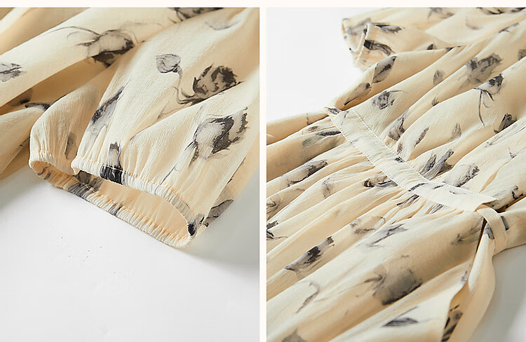 Dme [Anniversary] Summer V-Shaped Overlapping Collar Puff Sleeve Tea Break Dress, Wrinkled Thin Tulle Tulip Print Dress for Wome 9