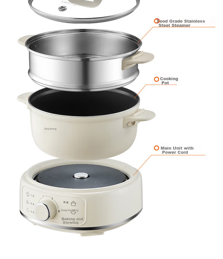 Joyoung Multifunctional Small Cooking Pot, 2.5L Detachable Electric Hot Pot, Non-Stick Coating, Student Dormitory Electric Hot Pot HG25-G211S with Steamer 4