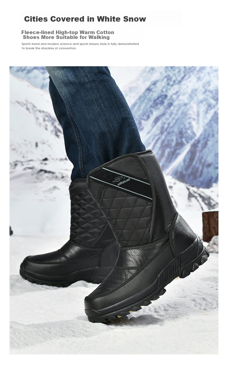 Yijiabao Snow Boots for Men, Winter Men's Shoes, Fleece-Lined for Warmth, Waterproof, Northeast Travel Shoes, Cowhide Sole Non-Slip Shoes, Black, Size 40 4