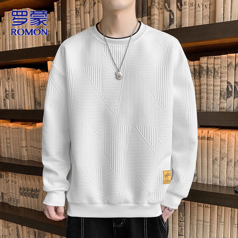 ROMON Men's Sweatshirt Spring and Autumn Casual Long Sleeve T-Shirt Loose Fit White 3XL