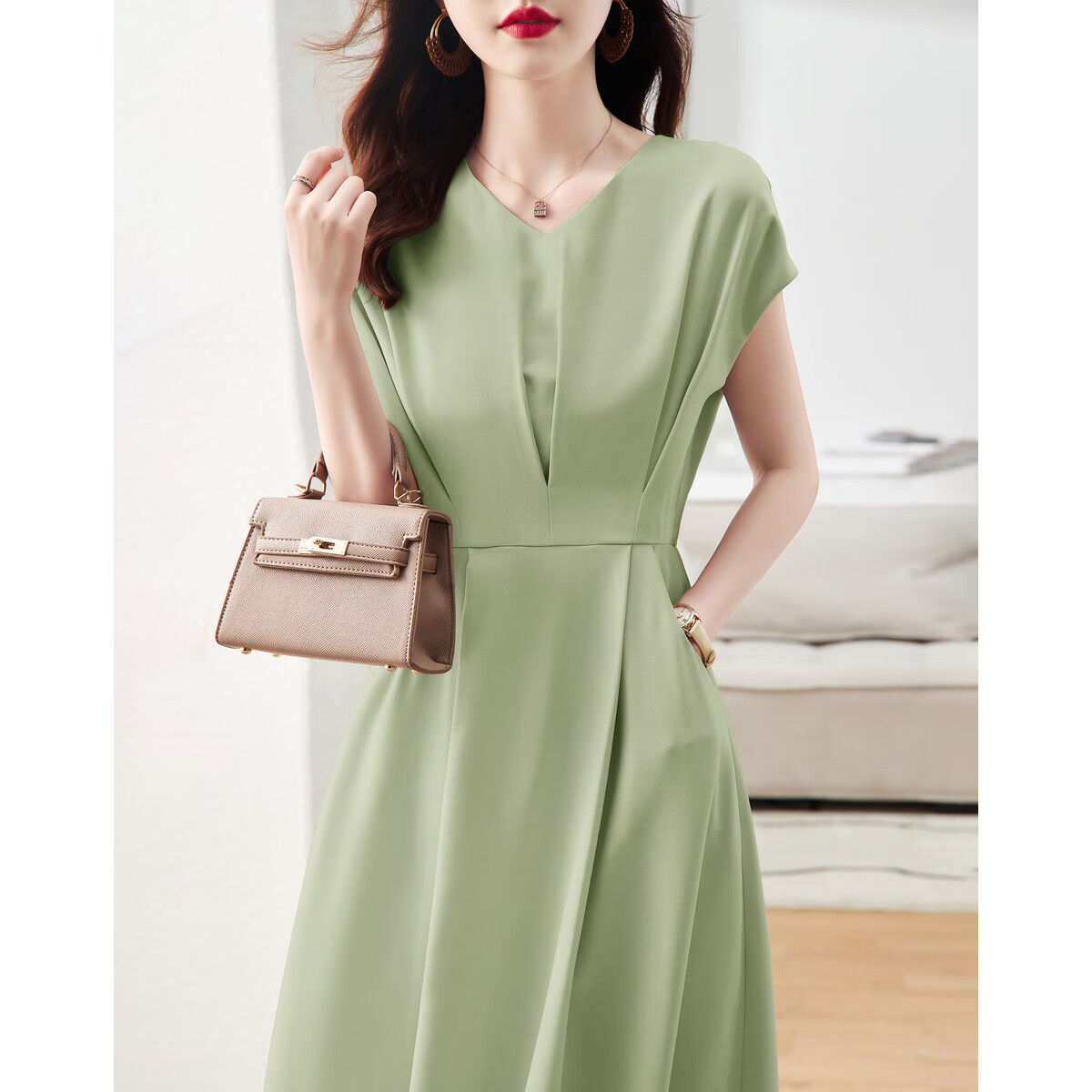 DME A-Line Skirt Summer Commuter V-Neck Short Sleeve Simple Mid-Length Dress for Women
