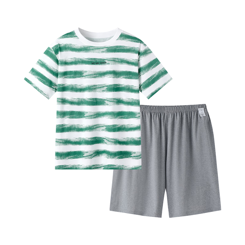 YING BO LUN Youth Pajamas, Summer Thin Style, Boys' Short-Sleeve Set, Student Home Wear, 20799 Lake Green Stripes, Size 170