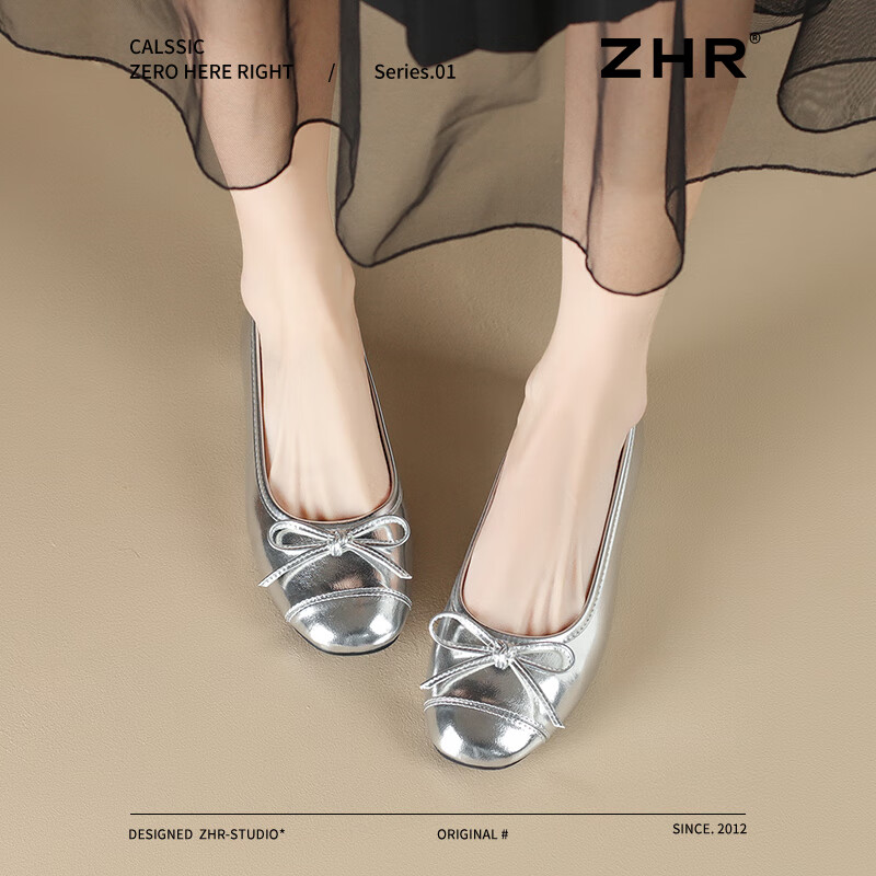 ZHR Silver Women's Ballet Flats with Bow, Soft Flat Sole Slip-On Loafers AH606 Silver 35