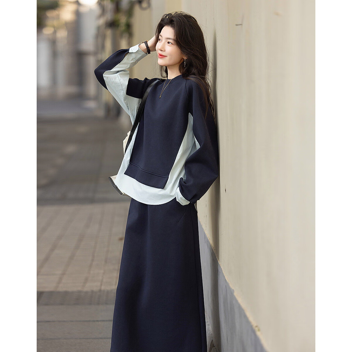 Dme 350G Air Layer Set Spring Autumn Fashion Colorblock Sweatshirt and Elastic Waist Split Skirt Two-Piece Set for Women