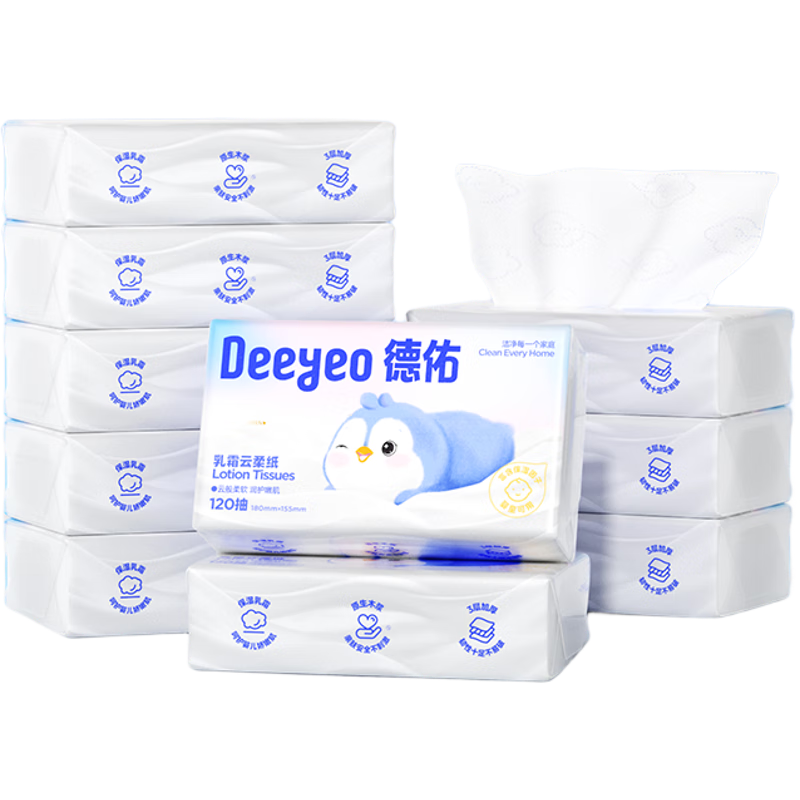 Deyou Baby Soft Tissue, Moisturizing Paper Towels, Cloud-Soft Tissues, Cream Paper, Suitable for Infants And Children, Facial Tissues, 120 Sheets * 10 Packs