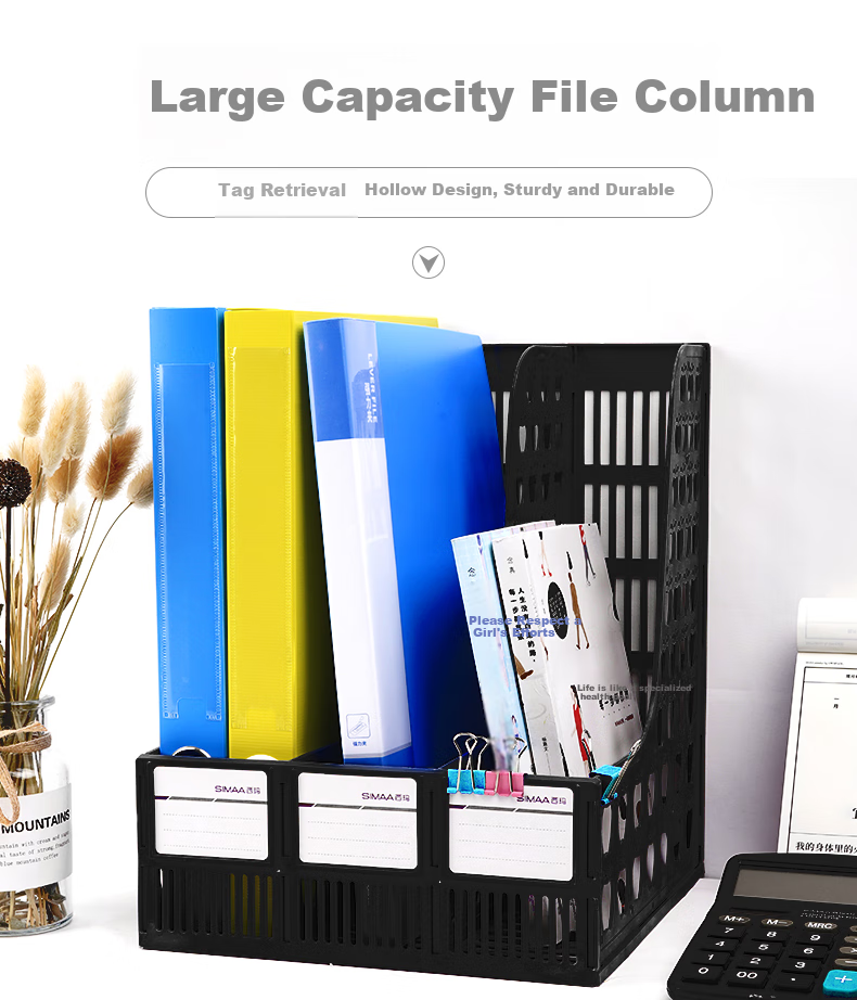 SIMAA Triple-Linked Hollow Desktop File Organizer with Labels, Office File Rack/file Holder/file Basket/document Storage Box, Classic Black, 6898 1
