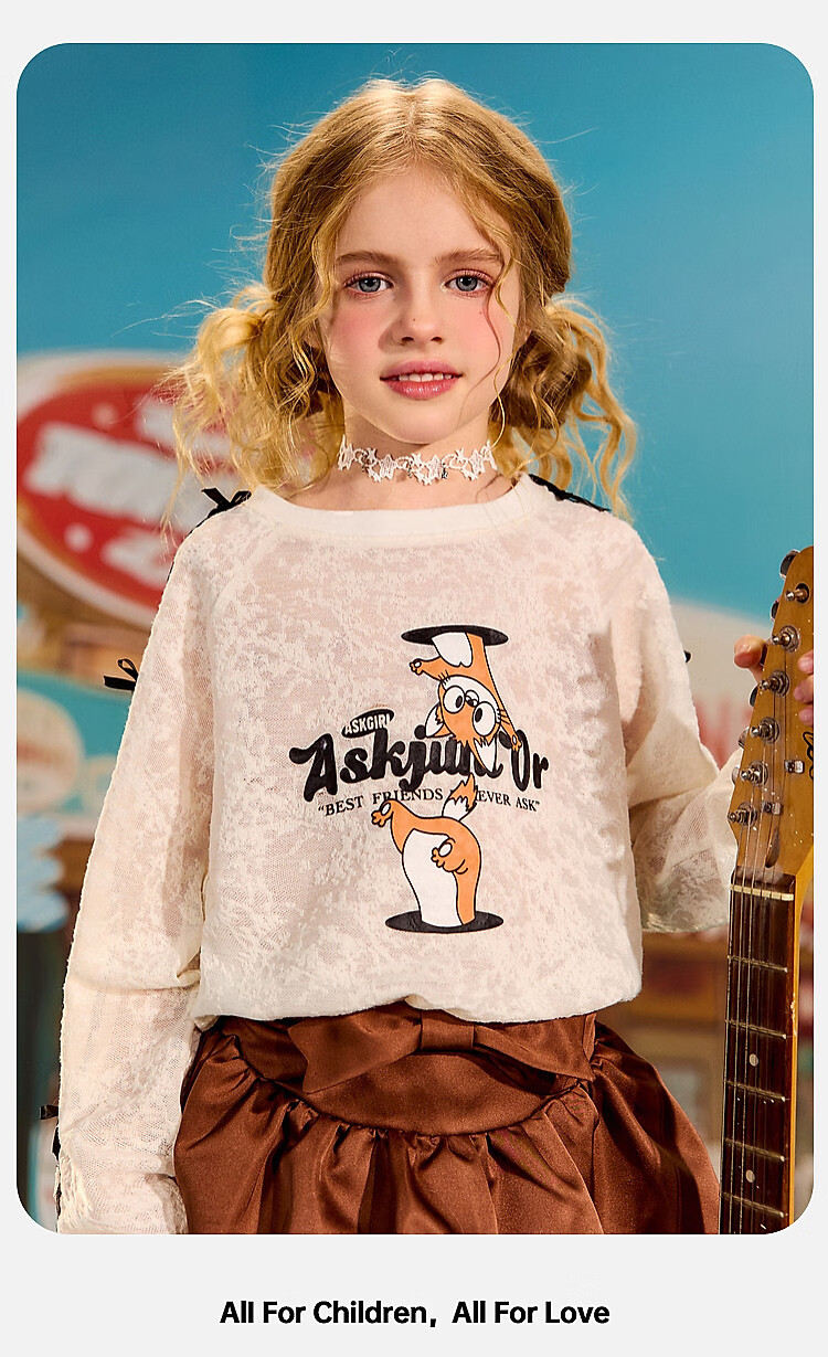 ASK JUNIOR Lace Children's T-Shirt, Girls' 2026 Autumn Pullover Undershirt, Long-Sleeve Contrasting Color Top, White, Size 110 8