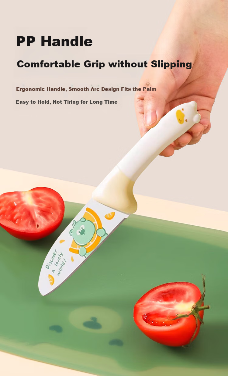 Baoshi Children's Small Kitchen Knife with Hand Guard, Stainless Steel Fruit Knife, Portable Outdoor Cutlery Set, Beige Bear Desig 2