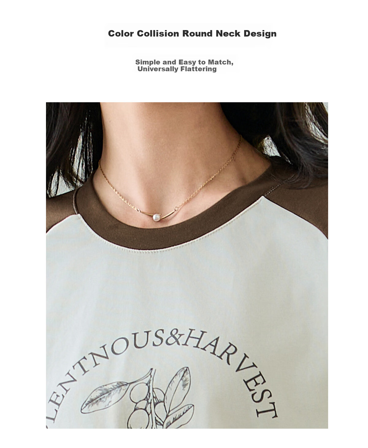 Chushen Spring And Autumn Long-Sleeve T-Shirt for Women, Wilderness Maillard Round Neck Contrasting Color Splicing Simple Loose Base Shirt S143T2022 5