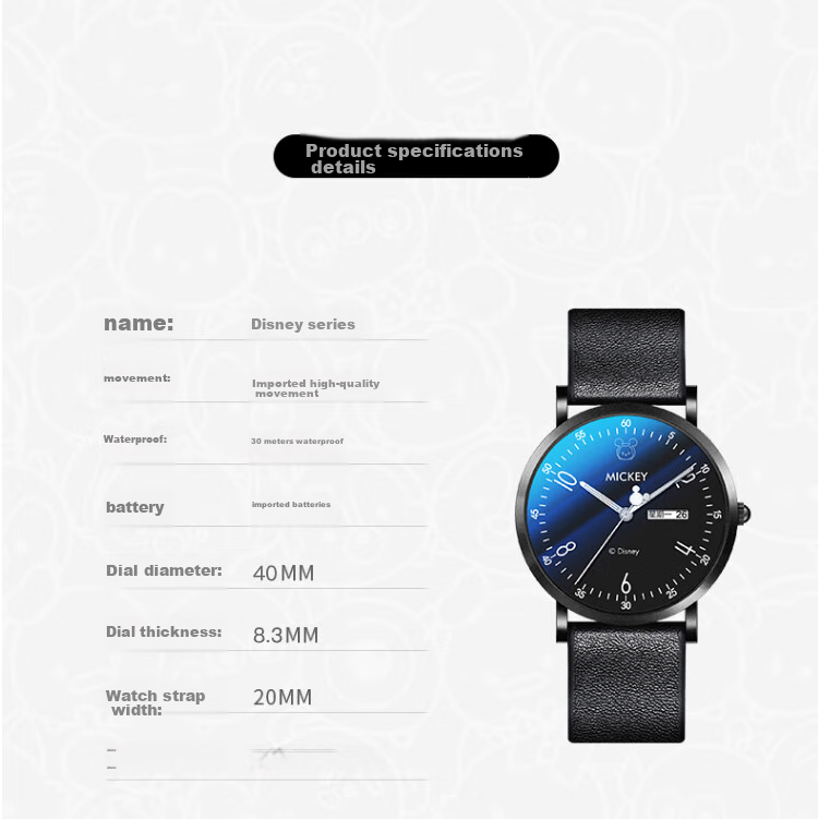 Disney Student Watch for Men, Simple Waterproof Dual Calendar Quartz Watch, Suitable for Middle And High School Students, Teenagers, Silent Exam-Specific Watch 14