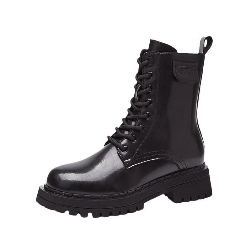DAPHNE Women's Martin Boots Thick Sole New High Heel British Style Ankle Boots Leather Casual Shoes Black Fleece Lined Size 40