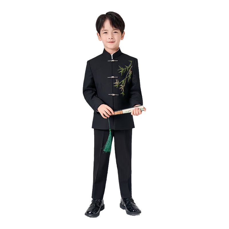 ROMON Children's Chinese-Style Suit Set, Boys' Zhongshan Outfit, New Chinese-Style Suit for Performances, Black Three-Piece Set 1, Size 170