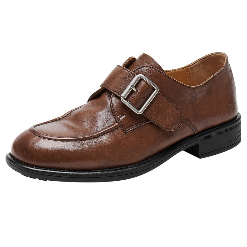 Joy&peace Dong Jie's Style Free Poetry Washed Cowhide Leather Loafers with Chunky Heel for Men And Women, Brown, Size 37