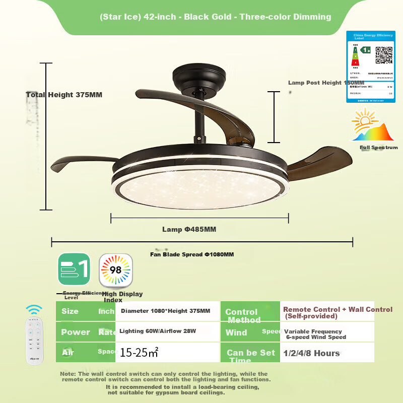 NVC LED Ceiling Fan Light, Living Room And Dining Room Fan Light, Minimalist Black Full Spectrum, Level 1 Energy Efficiency, Variable Frequency, 42-Inch, 60 Watts