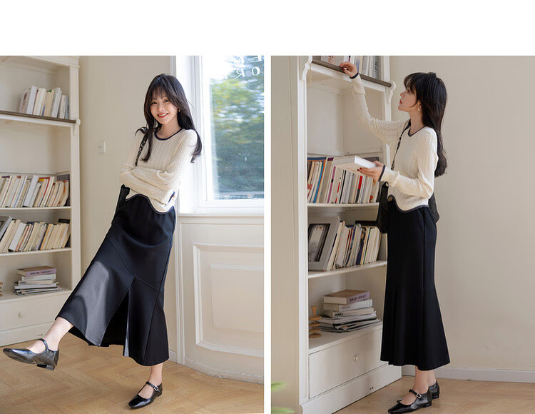 Mt Delicate Texture Spring Little Chanel Style Elegant Color-Block Round Neck High Elastic Comfortable Slimming Knit Sweater Top 9