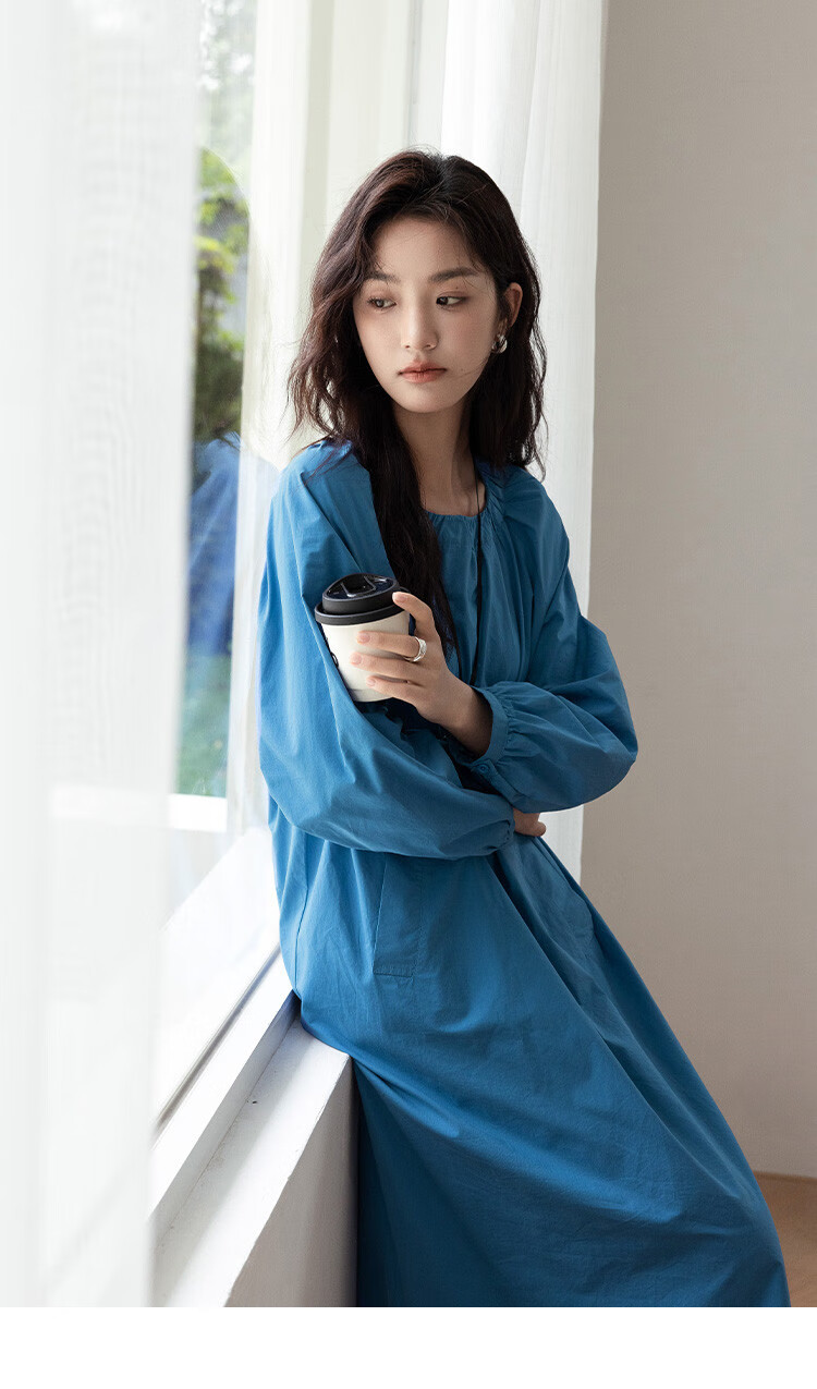Dme Simple Healing Blue Long Dress Spring Autumn Round Neck Pullover Gathered Long Sleeve Mid-Length Dress 7