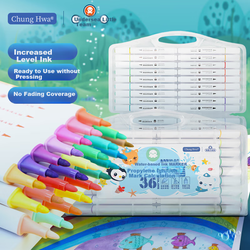 Zhonghua Xhai Diao Xiao Zongdu 36-Color Triangular Handle Single-Tip Water-Based Acrylic Markers, Waterproof Children's Hand-Drawing Graffiti DIY Painting Shoe Coloring Complete Set, Children's Day Gift MA0003