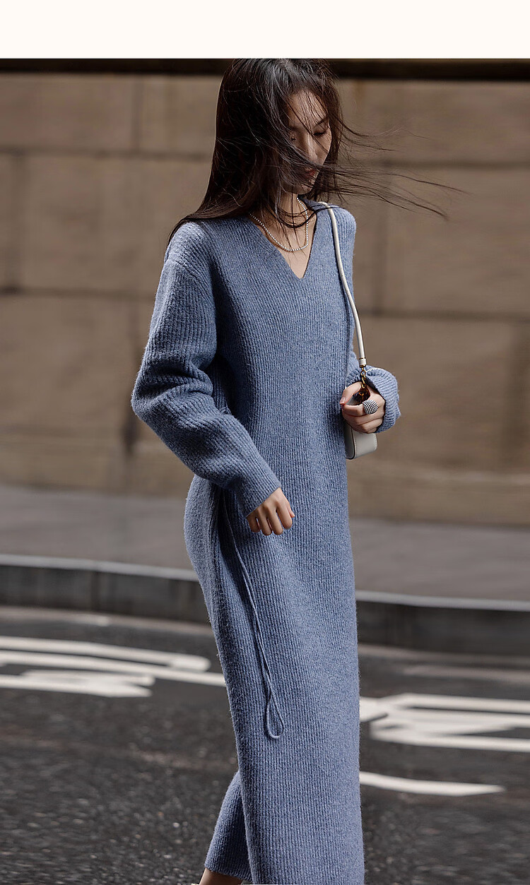 Dme Spring And Autumn Elegant V-Neck Loose-Fitting Drop Shoulder A-Line Slimming Belt Midi Dress for Wome 14