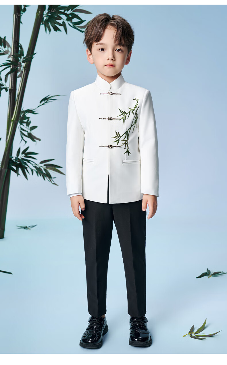 Romon Boys' Zhongshan Suit New Chinese Style Children's Performance Tang Suit Boys' Chinese Style Suit Set White 160 20