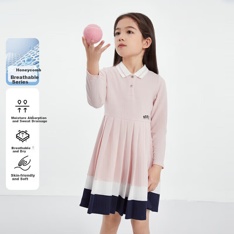 Annil Girls' Long-Sleeve Dress, New Autumn 2024 Style, Crystal Pink, Size 130