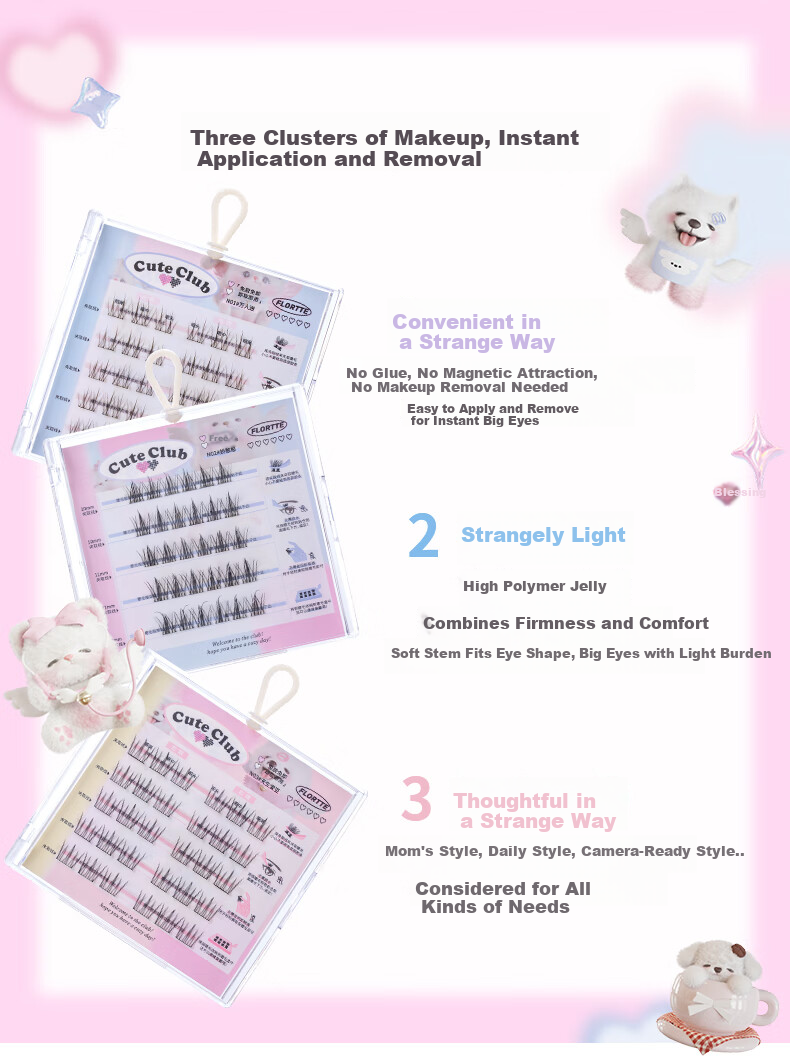 FLORTTE Glue-Free False Eyelashes, Segmented Self-Adhesive Eyelashes, Natural, Removable, Beginner-Friendly, Qixi 04# Natural Beauty 2
