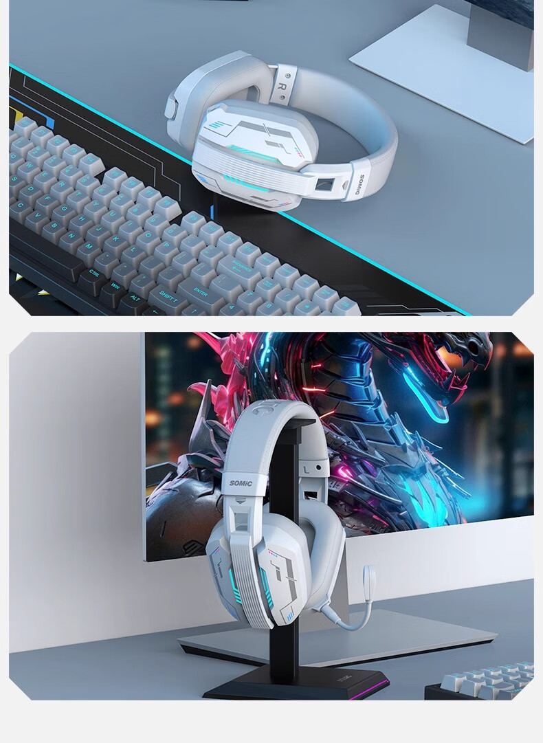 SOMIC MH201 Gaming-Grade 2.4G Zero-Lag Tri-Mode Gaming Headset Wireless Bluetooth Mobile PC Noise-Cancelling Headphones Over-Ear 7.1 Audio Positioning Black 16