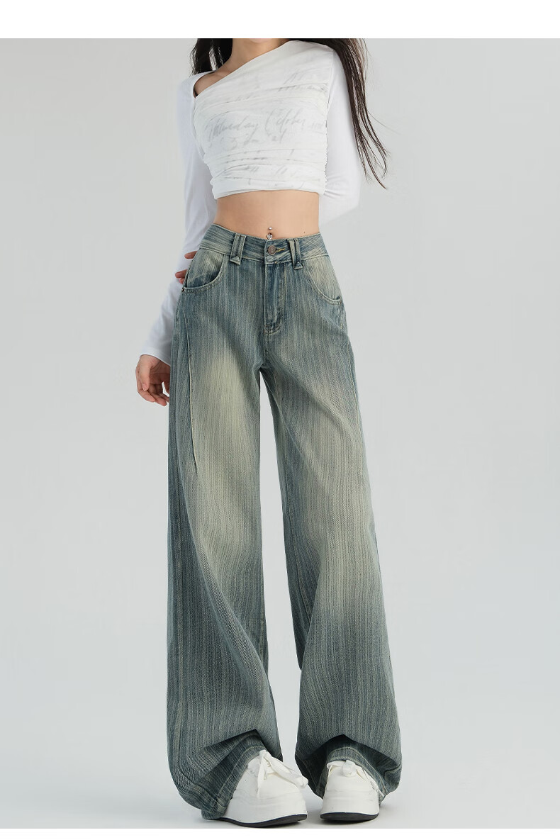 Pierre Cardin Women's Summer Wide-Leg Denim Cropped Jeans Fashionable Versatile Draped Casual Pants Vintage Blue M 7