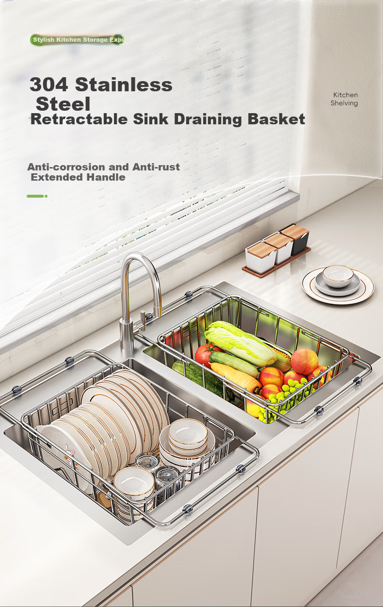 Shuaishi Kitchen Dish Rack Expandable 304 Stainless Steel Draining Bowl Basket Sink Storage Rack 1