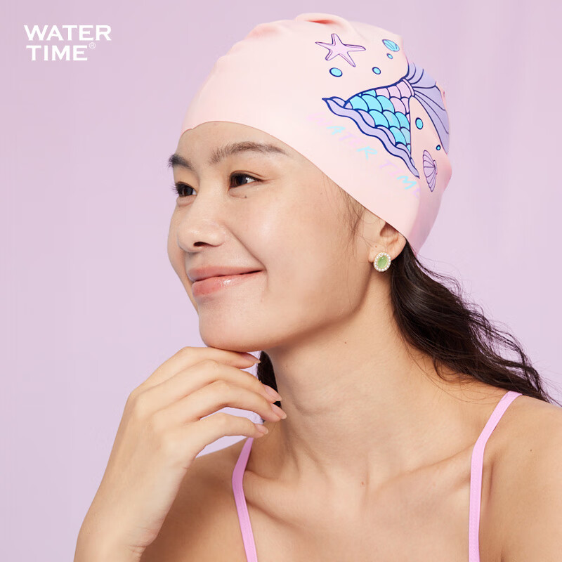 WATERTIME / Shuichuan Silicone Printed Swimsuit Cap for Women, Large Size Swimming Cap for Long Hair Adults, Dreamy Mermaid / Pink