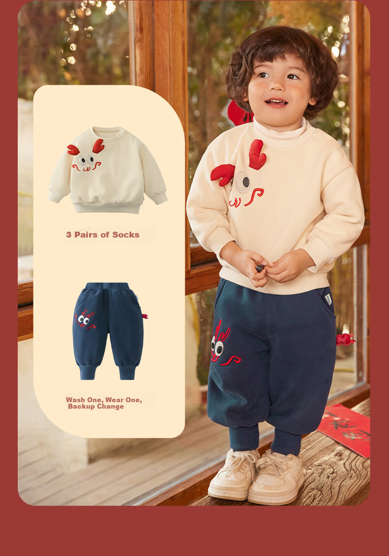 Ciciibear Boys' Dragon Year New Year Outfit, Red Fleece-Lined Sweatshirt, Children's New Year Winter Wear, Baby Winter Top 12