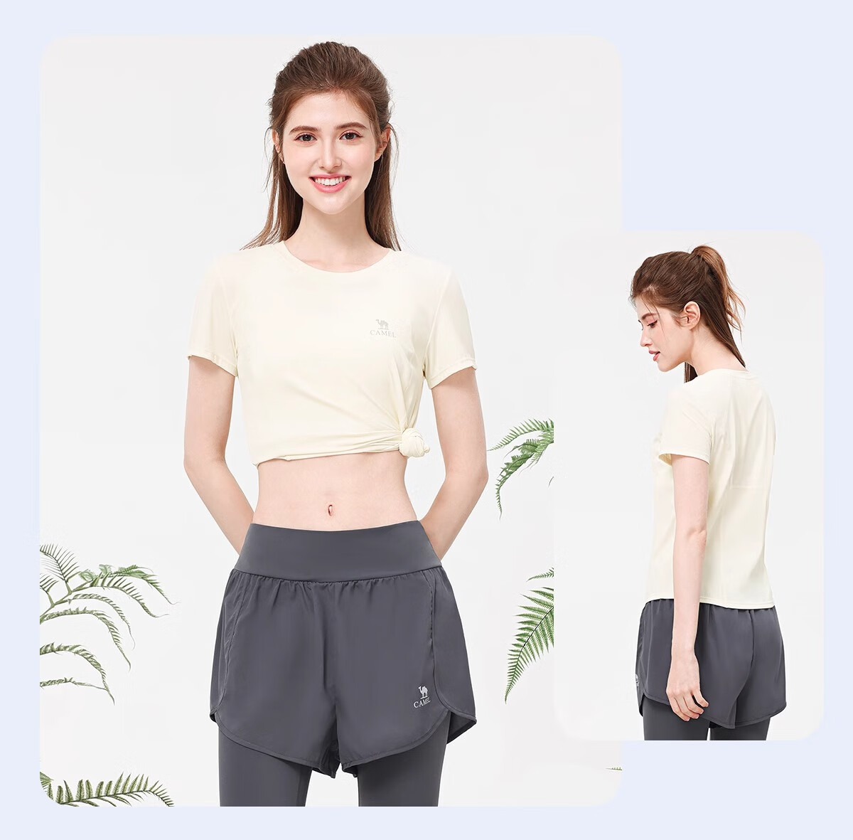 CAMEL Yoga Set Quick-Dry Breathable Sports Women's Short-Sleeve Two-Piece Set L Ice Blue/gray Lavender, Stand-Up Collar Style 37
