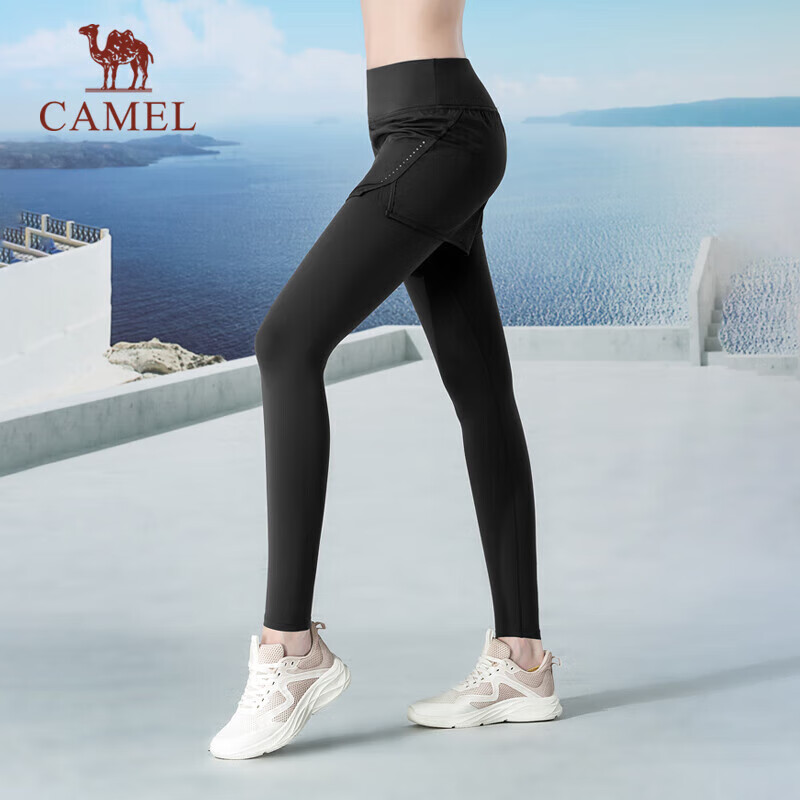 CAMEL Fleece-Lined Faux Two-Piece Fitness Pants for Women, High-Waisted Tight Running Trousers Y24CA4L0612 Phantom Black S