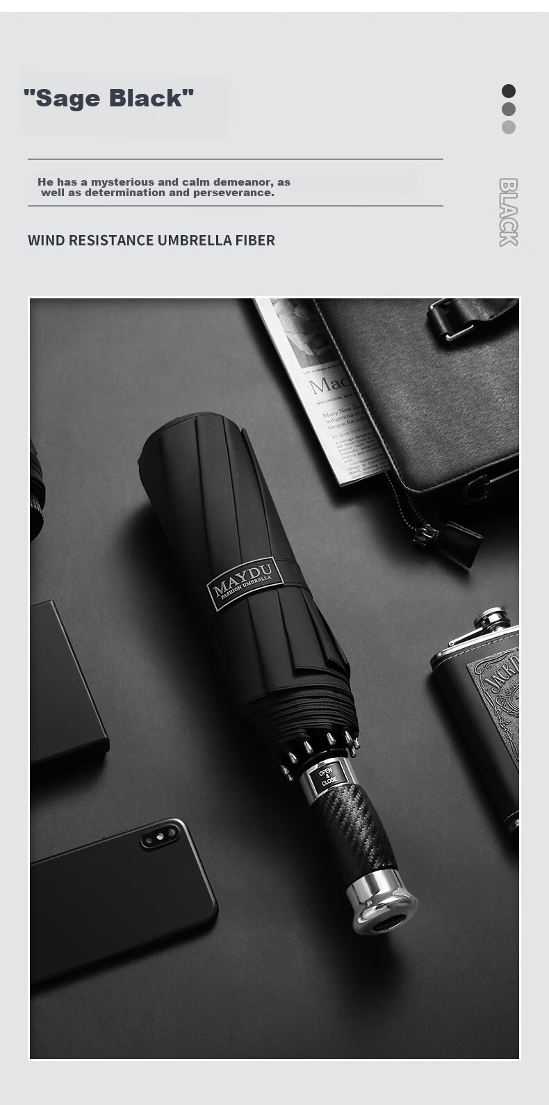 MAYDU Large Folding Umbrella for Men, Business Automatic Dual-Use 10-Rib 280T M3385 Navy Blue 3