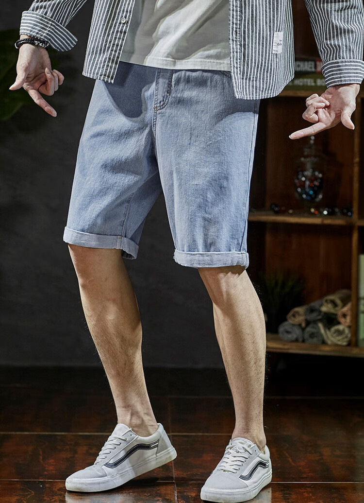 TonLion 2025 Spring Men's Versatile Cuffed Jeans Shorts, Mid-Length Shorts, Light Denim Blue, M 2