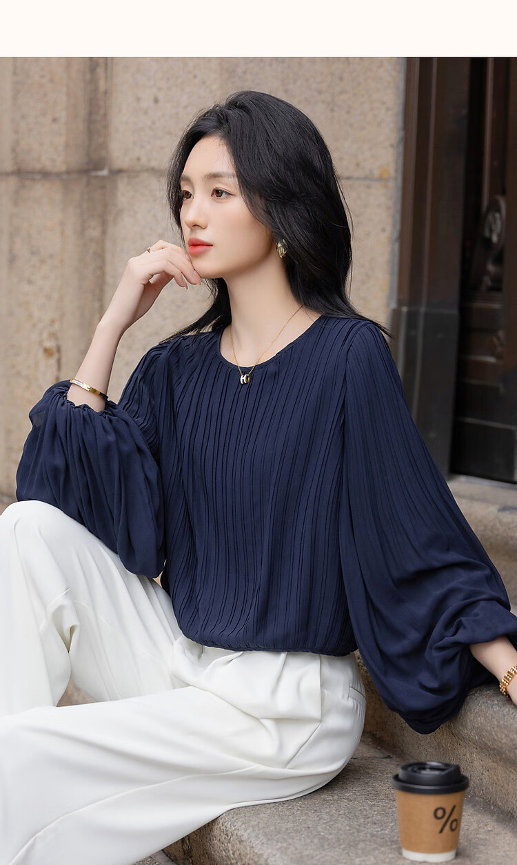 Dme [Gentle Daily] Spring Cream-Colored Textured Chiffon Blouse with Lantern Sleeves, Ladylike Shirt Women's Top 15